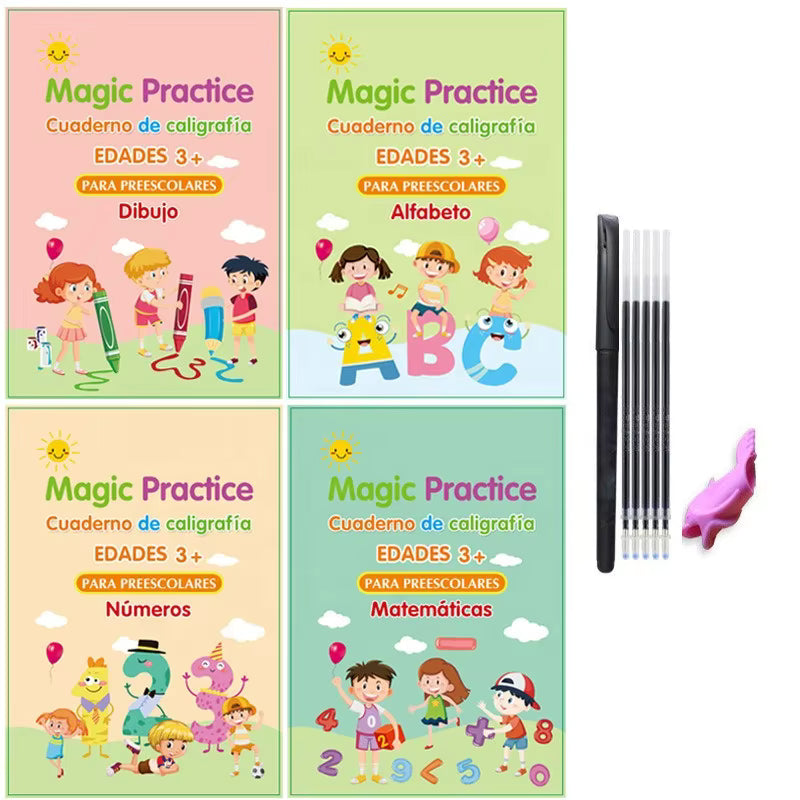 Pack Magia Educativa - 4 Cuadernos Reutilizables (Alfabeto, Números, Matemáticas, Dibujo)