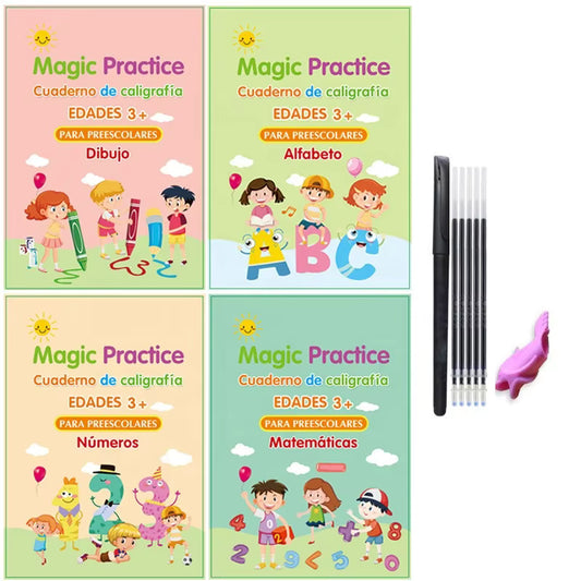 Pack Magia Educativa - 4 Cuadernos Reutilizables (Alfabeto, Números, Matemáticas, Dibujo)
